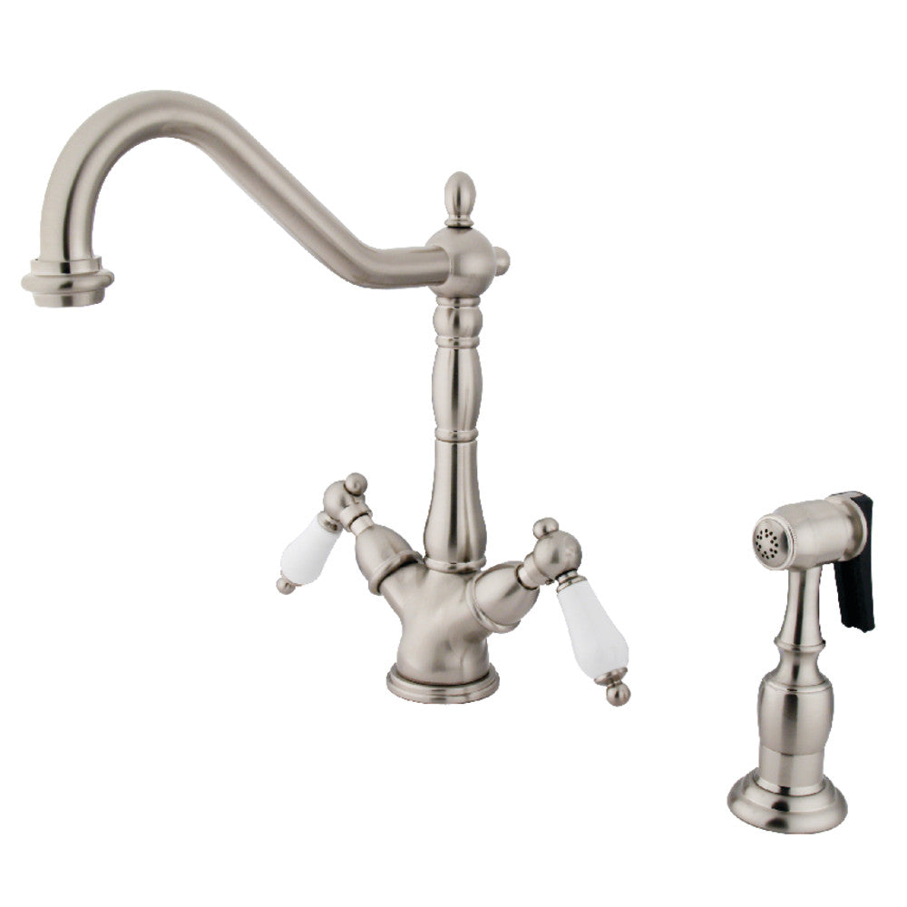 Kingston Brass KS1238PLBS Heritage 2-Handle Kitchen Faucet with Brass Sprayer and 8-Inch Plate, Brushed Nickel - BNGBath