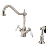 Thumbnail for Kingston Brass KS1238PLBS Heritage 2-Handle Kitchen Faucet with Brass Sprayer and 8-Inch Plate, Brushed Nickel - BNGBath