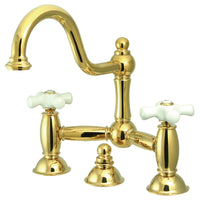 Thumbnail for Kingston Brass KS3912PX Restoration Bathroom Bridge Faucet, Polished Brass - BNGBath