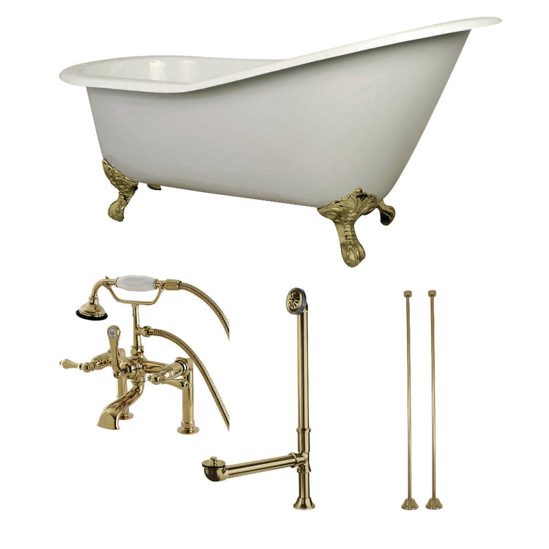 Aqua Eden KCT7D653129C2 62-Inch Cast Iron Single Slipper Clawfoot Tub Combo with Faucet and Supply Lines, White/Polished Brass - BNGBath