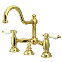 Thumbnail for Kingston Brass KS3912PL Restoration Bathroom Bridge Faucet, Polished Brass - BNGBath