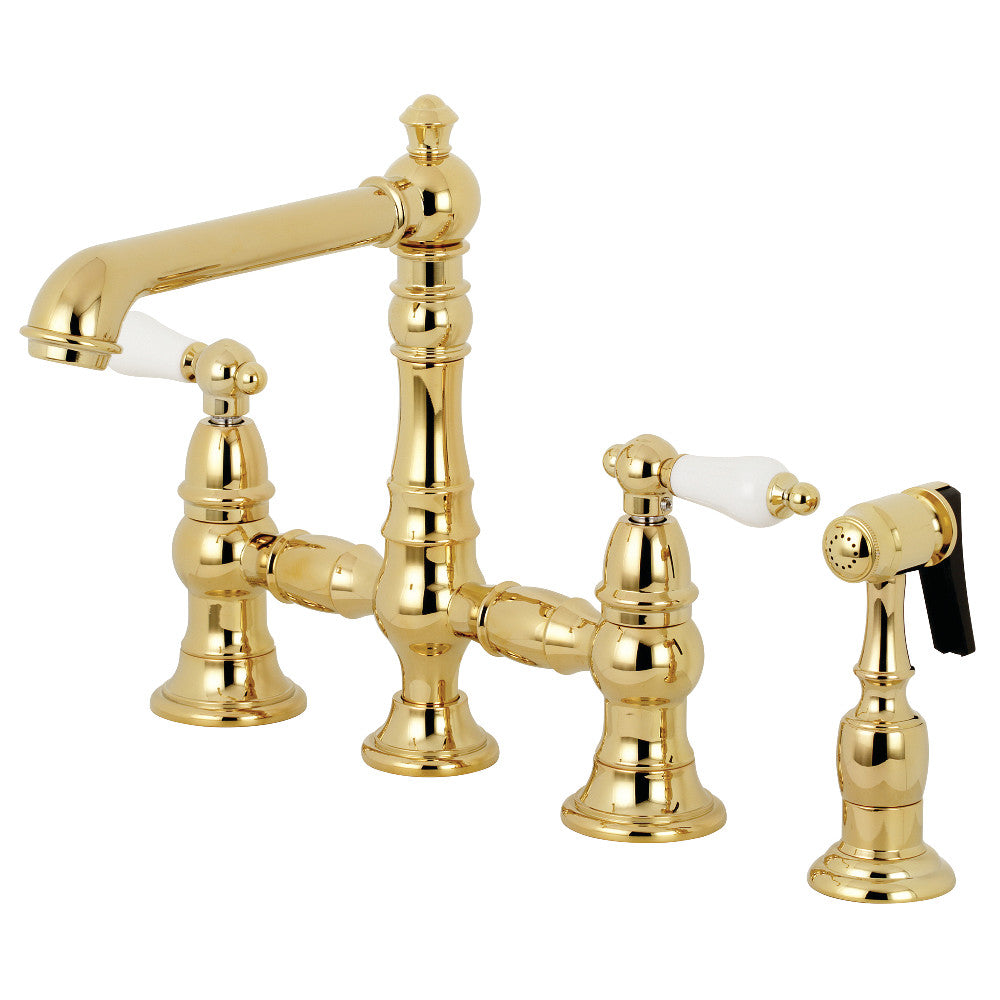 Kingston Brass KS7272PLBS English Country 8" Bridge Kitchen Faucet with Sprayer, Polished Brass - BNGBath