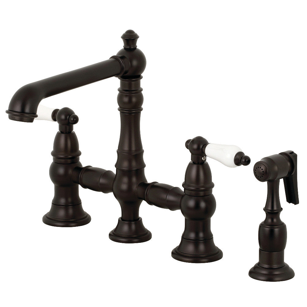Kingston Brass KS7275PLBS English Country 8-Inch Bridge Kitchen Faucet with Sprayer, Oil Rubbed Bronze - BNGBath