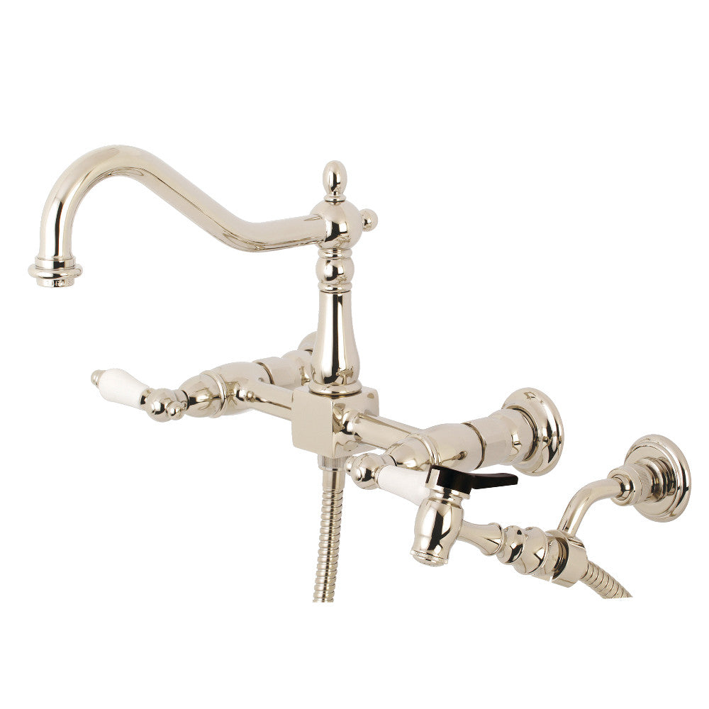 Kingston Brass KS1246PLBS Heritage Two-Handle Wall Mount Bridge Kitchen Faucet with Brass Sprayer, Polished Nickel - BNGBath