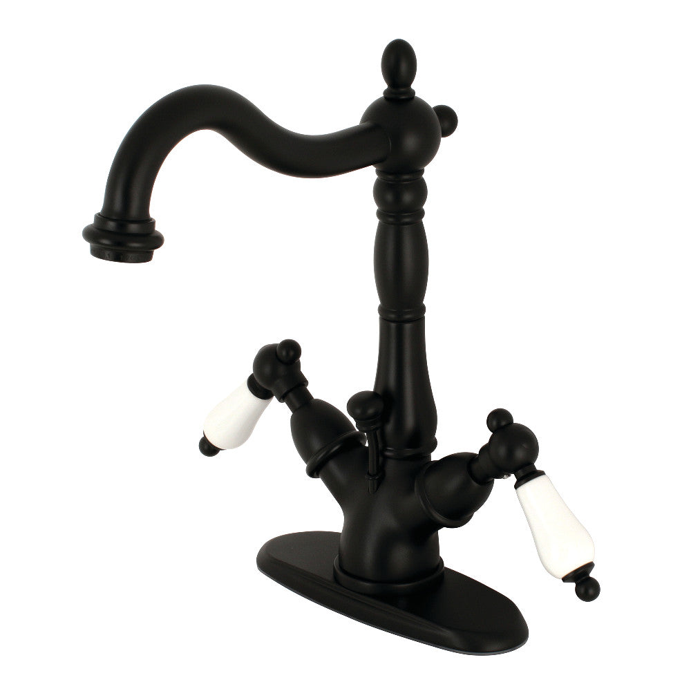 Kingston Brass KS1430PL Heritage Two-Handle Bathroom Faucet with Brass Pop-Up and Cover Plate, Matte Black - BNGBath