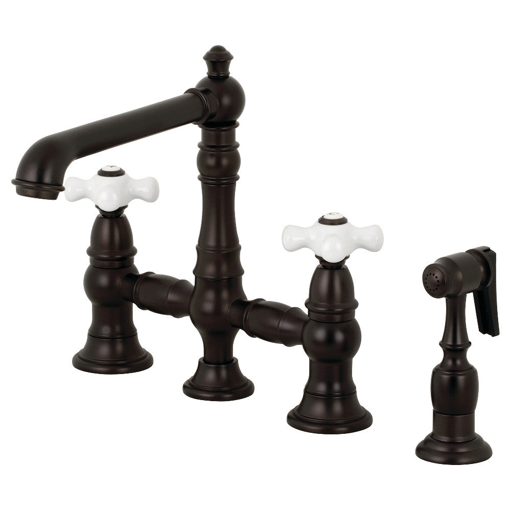 Kingston Brass KS7275PXBS English Country 8" Bridge Kitchen Faucet with Sprayer, Oil Rubbed Bronze - BNGBath