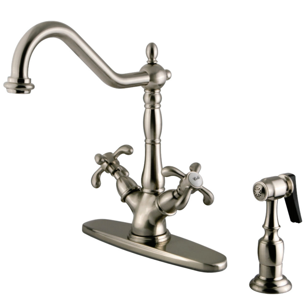 Kingston Brass KS1238TXBS French Country Mono Deck Mount Kitchen Faucet with Brass Sprayer, Brushed Nickel - BNGBath