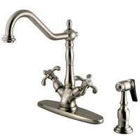 Thumbnail for Kingston Brass KS1238TXBS French Country Mono Deck Mount Kitchen Faucet with Brass Sprayer, Brushed Nickel - BNGBath