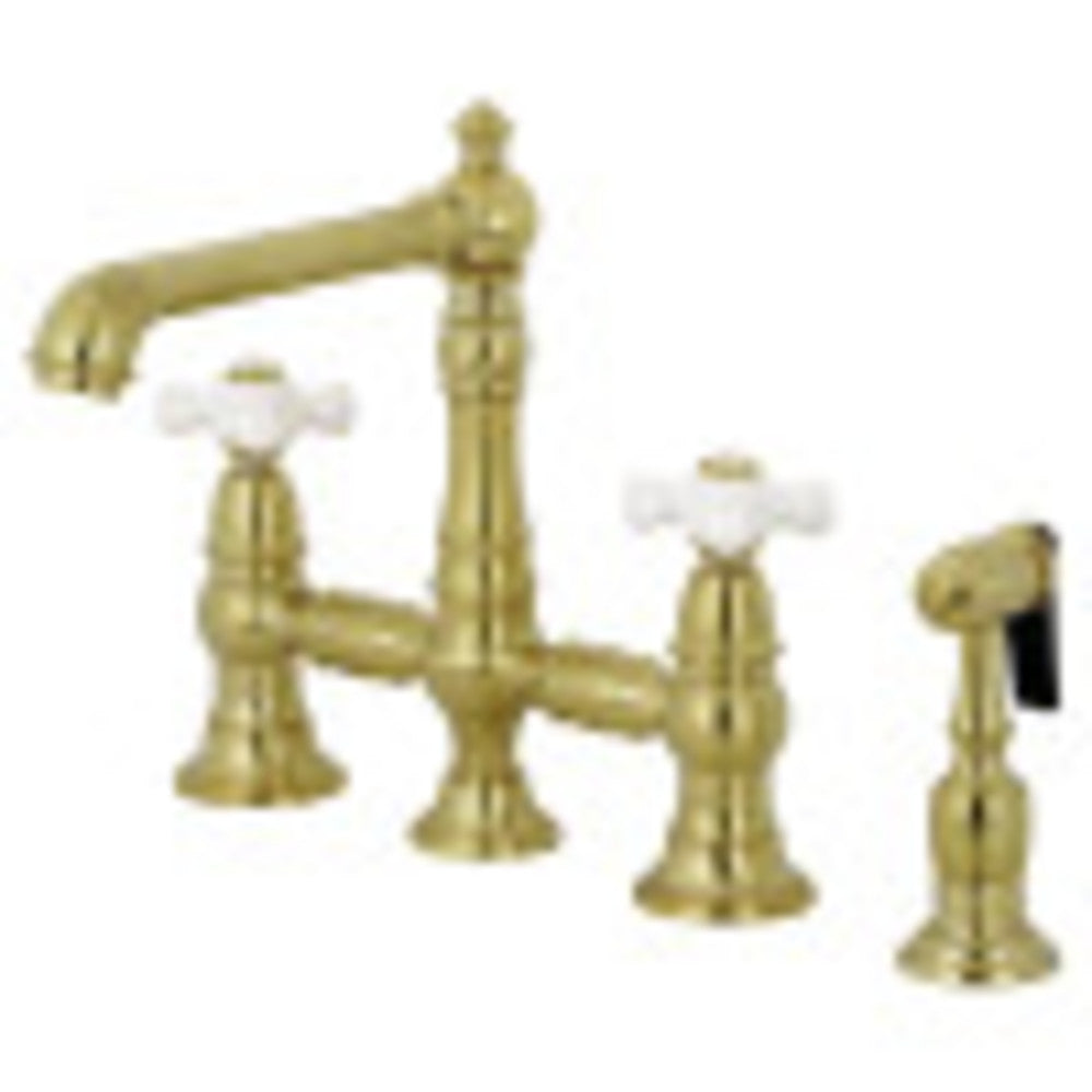 Kingston Brass KS7277PXBS English Country 8" Bridge Kitchen Faucet with Sprayer, Brushed Brass - BNGBath