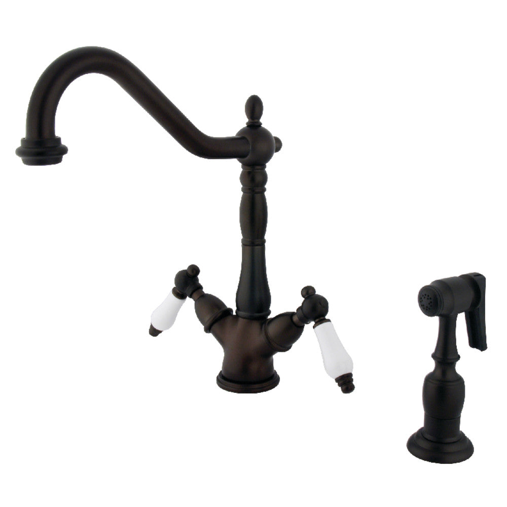 Kingston Brass KS1235PLBS Heritage 2-Handle Kitchen Faucet with Brass Sprayer and 8-Inch Plate, Oil Rubbed Bronze - BNGBath