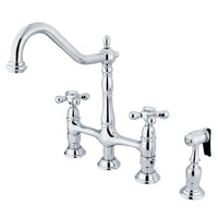 Thumbnail for Kingston Brass KS1271AXBS Heritage Bridge Kitchen Faucet with Brass Sprayer, Polished Chrome - BNGBath