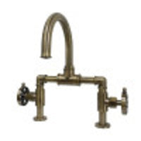 Thumbnail for Kingston Brass KS2173RX Belknap Industrial Style Wheel Handle Bridge Bathroom Faucet with Pop-Up Drain, Antique Brass - BNGBath