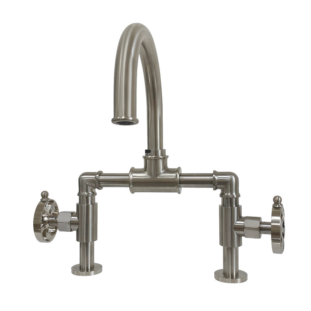 Kingston Brass KS2178RX Belknap Industrial Style Wheel Handle Bridge Bathroom Faucet with Pop-Up Drain, Brushed Nickel - BNGBath