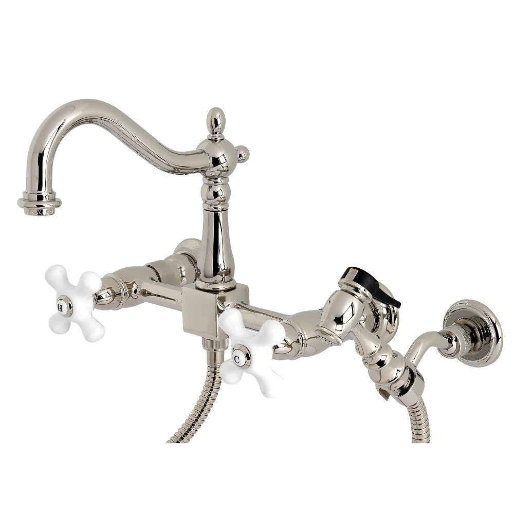 Kingston Brass KS1266PXBS Heritage Wall Mount Bridge Kitchen Faucet with Brass Sprayer, Polished Nickel - BNGBath