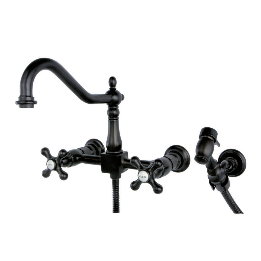 Kingston Brass KS1245AXBS Heritage Two-Handle Wall Mount Bridge Kitchen Faucet with Brass Sprayer, Oil Rubbed Bronze - BNGBath
