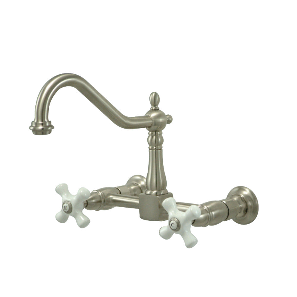 Kingston Brass KS1248PX Heritage Two-Handle Wall Mount Bridge Kitchen Faucet, Brushed Nickel - BNGBath