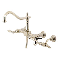 Thumbnail for Kingston Brass KS1246ALBS Heritage Two-Handle Wall Mount Bridge Kitchen Faucet with Brass Sprayer, Polished Nickel - BNGBath