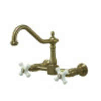 Thumbnail for Kingston Brass KS1243PX Heritage Two-Handle Wall Mount Bridge Kitchen Faucet, Antique Brass - BNGBath