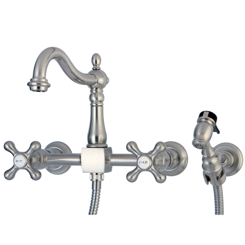 Kingston Brass KS1268AXBS Heritage Wall Mount Bridge Kitchen Faucet with Brass Sprayer, Brushed Nickel - BNGBath