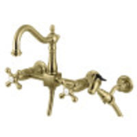 Thumbnail for Kingston Brass KS1267AXBS Heritage Wall Mount Bridge Kitchen Faucet with Brass Sprayer, Brushed Brass - BNGBath