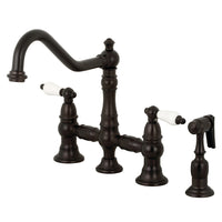 Thumbnail for Kingston Brass KS3275PLBS Restoration 8-Inch Bridge Kitchen Faucet with Sprayer, Oil Rubbed Bronze - BNGBath
