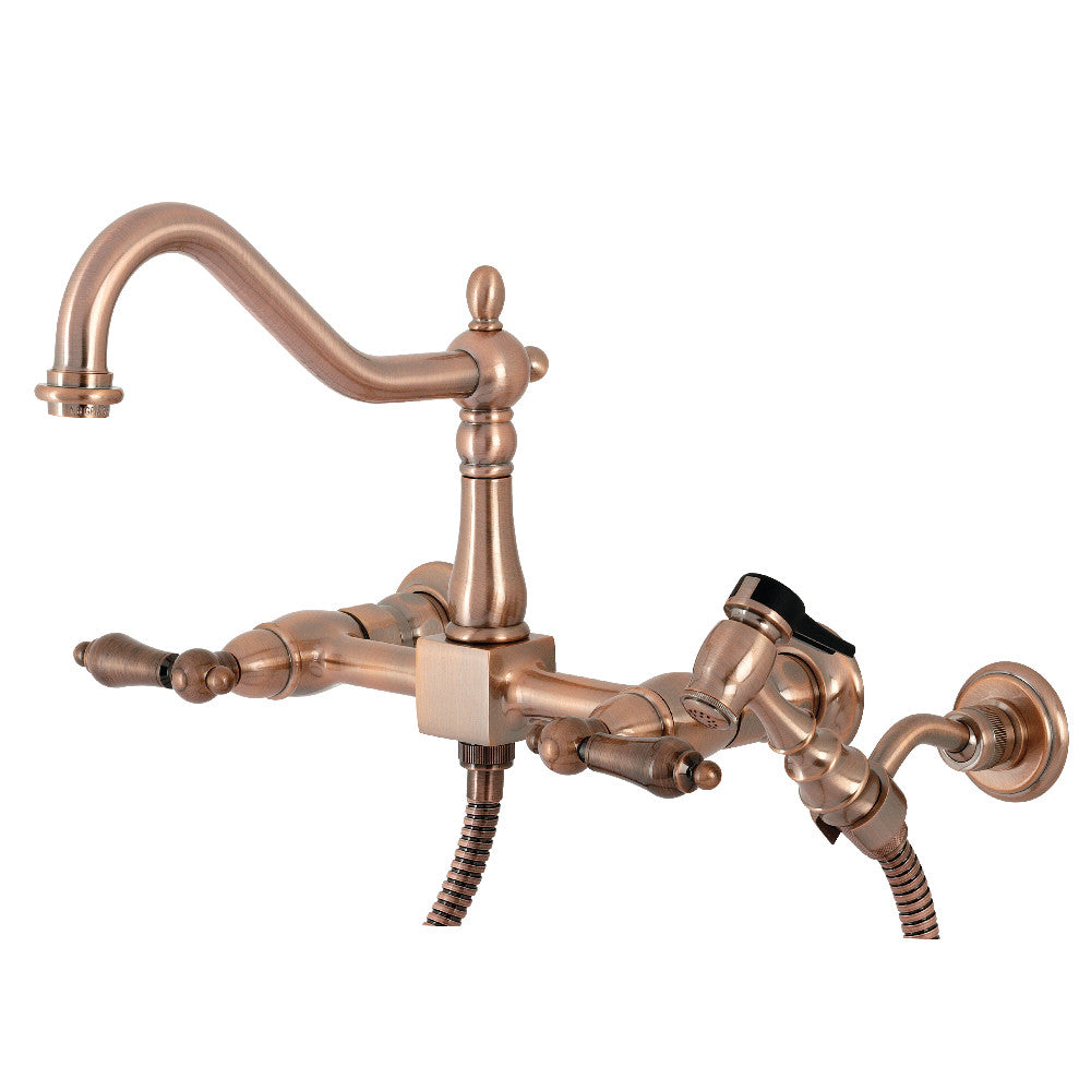 Kingston Brass KS124ALBSAC Heritage Two-Handle Wall Mount Bridge Kitchen Faucet with Brass Sprayer, Antique Copper - BNGBath