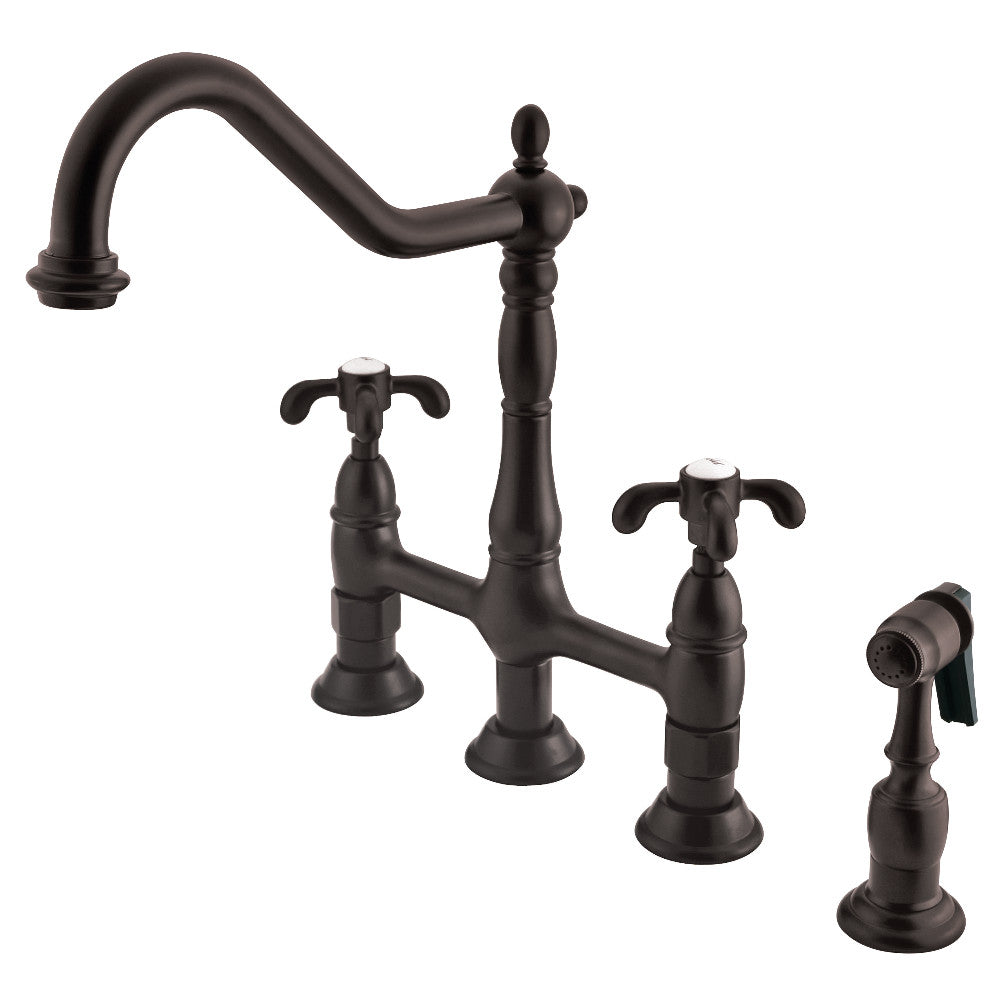 Kingston Brass KS1275TXBS French Country Bridge Kitchen Faucet with Brass Sprayer, Oil Rubbed Bronze - BNGBath