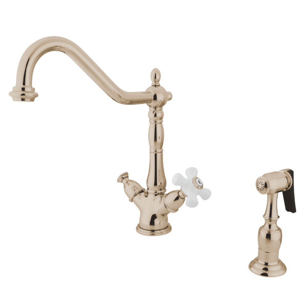 Kingston Brass KS1236PXBS Heritage 2-Handle Kitchen Faucet with Brass Sprayer and 8-Inch Plate, Polished Nickel - BNGBath