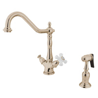 Thumbnail for Kingston Brass KS1236PXBS Heritage 2-Handle Kitchen Faucet with Brass Sprayer and 8-Inch Plate, Polished Nickel - BNGBath