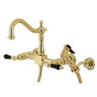 Thumbnail for Kingston Brass KS1262PKLBS Duchess Wall Mount Bridge Kitchen Faucet with Brass Sprayer, Polished Brass - BNGBath