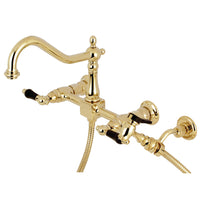 Thumbnail for Kingston Brass KS1242PKLBS Duchess Two-Handle Wall Mount Bridge Kitchen Faucet with Brass Sprayer, Polished Brass - BNGBath