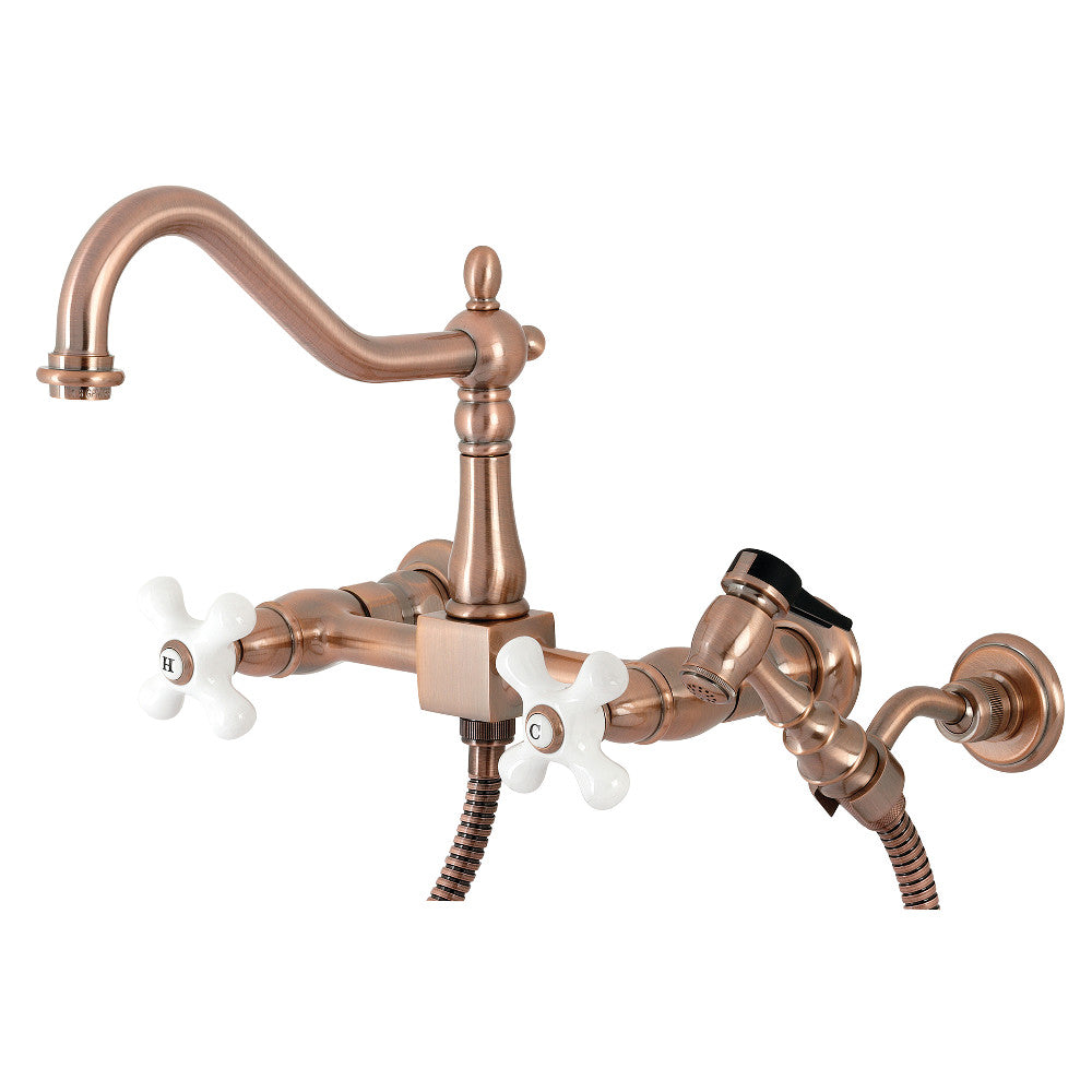 Kingston Brass KS124PXBSAC Heritage Two-Handle Wall Mount Bridge Kitchen Faucet with Brass Sprayer, Antique Copper - BNGBath