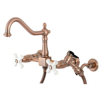 Thumbnail for Kingston Brass KS124PXBSAC Heritage Two-Handle Wall Mount Bridge Kitchen Faucet with Brass Sprayer, Antique Copper - BNGBath