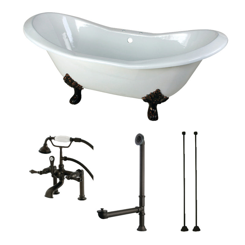 Aqua Eden KCT7D7231C5 72-Inch Cast Iron Double Slipper Clawfoot Tub Combo with Faucet and Supply Lines, White/Oil Rubbed Bronze - BNGBath