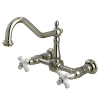 Thumbnail for Kingston Brass KS1246PX Heritage Two-Handle Wall Mount Bridge Kitchen Faucet, Polished Nickel - BNGBath