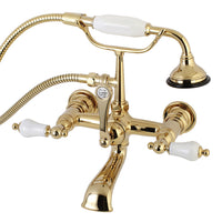Thumbnail for Kingston Brass AE553T2 Aqua Vintage 7-Inch Wall Mount Tub Faucet with Hand Shower, Polished Brass - BNGBath