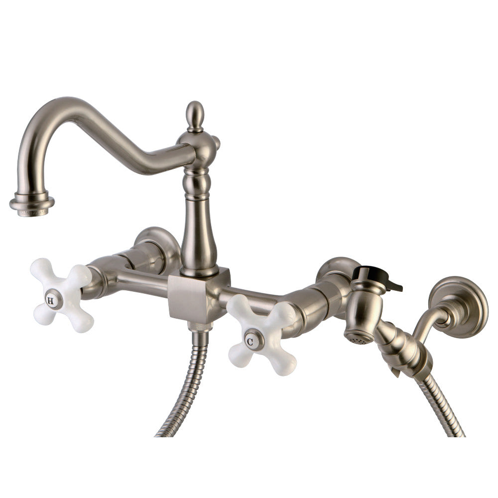 Kingston Brass KS1248PXBS Heritage Two-Handle Wall Mount Bridge Kitchen Faucet with Brass Sprayer, Brushed Nickel - BNGBath