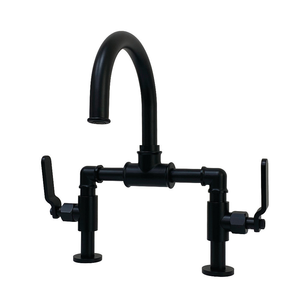 Kingston Brass KS2170KL Whitaker Industrial Style Bridge Bathroom Faucet with Pop-Up Drain, Matte Black - BNGBath