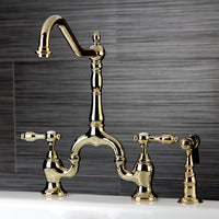 Thumbnail for Kingston Brass KS7751TALBS Tudor Bridge Kitchen Faucet with Brass Sprayer, Polished Chrome - BNGBath