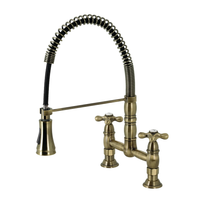 Thumbnail for Gourmetier GS1277AX Heritage Two-Handle Deck-Mount Pull-Down Sprayer Kitchen Faucet, Brushed Brass - BNGBath