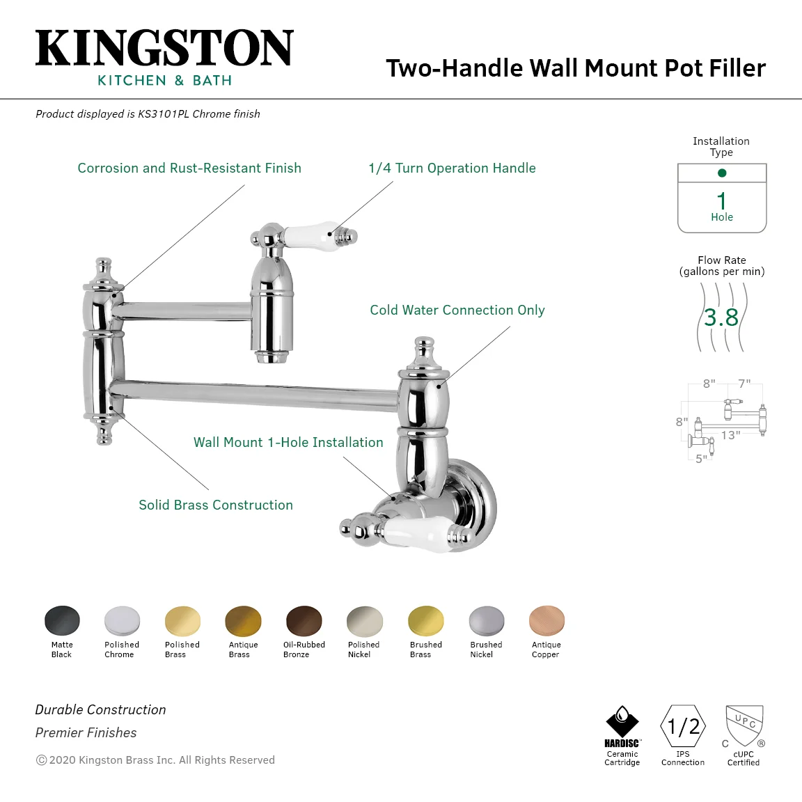 Kingston Brass KS3106PL Restoration Wall Mount Pot Filler Kitchen Faucet - Open Box - BNGBath