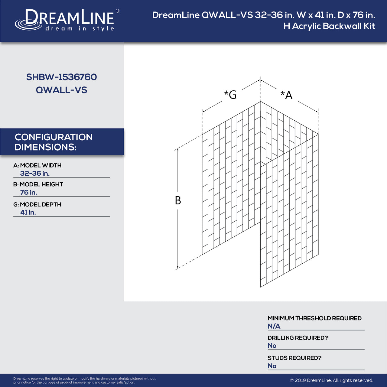 DreamLine QWALL-VS 32-36 in. W x 41-1/2 in. D x 76 in. H Acrylic Backwall Kit - BNGBath