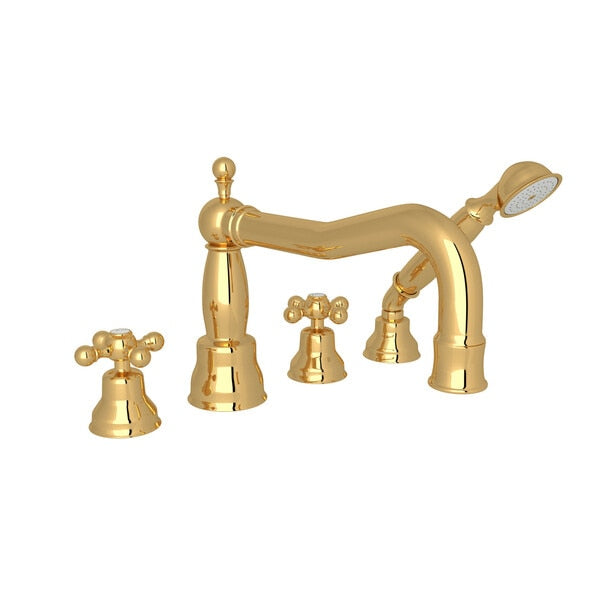 Arcana Column Spout 4-Hole Deck Mount Tub Filler With Handshower and Cross Handle - BNGBath