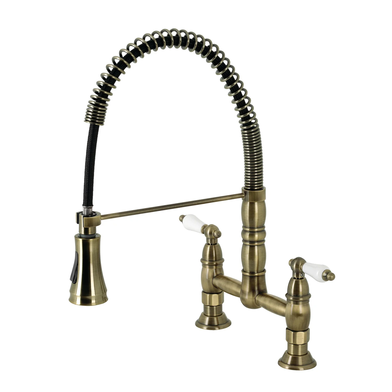 Gourmetier GS1273PL Heritage Two-Handle Deck-Mount Pull-Down Sprayer Kitchen Faucet, Antique Brass - BNGBath