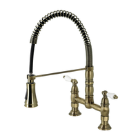Thumbnail for Gourmetier GS1273PL Heritage Two-Handle Deck-Mount Pull-Down Sprayer Kitchen Faucet, Antique Brass - BNGBath
