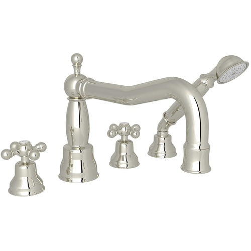 Arcana Column Spout 4-Hole Deck Mount Tub Filler With Handshower and Cross Handle - BNGBath