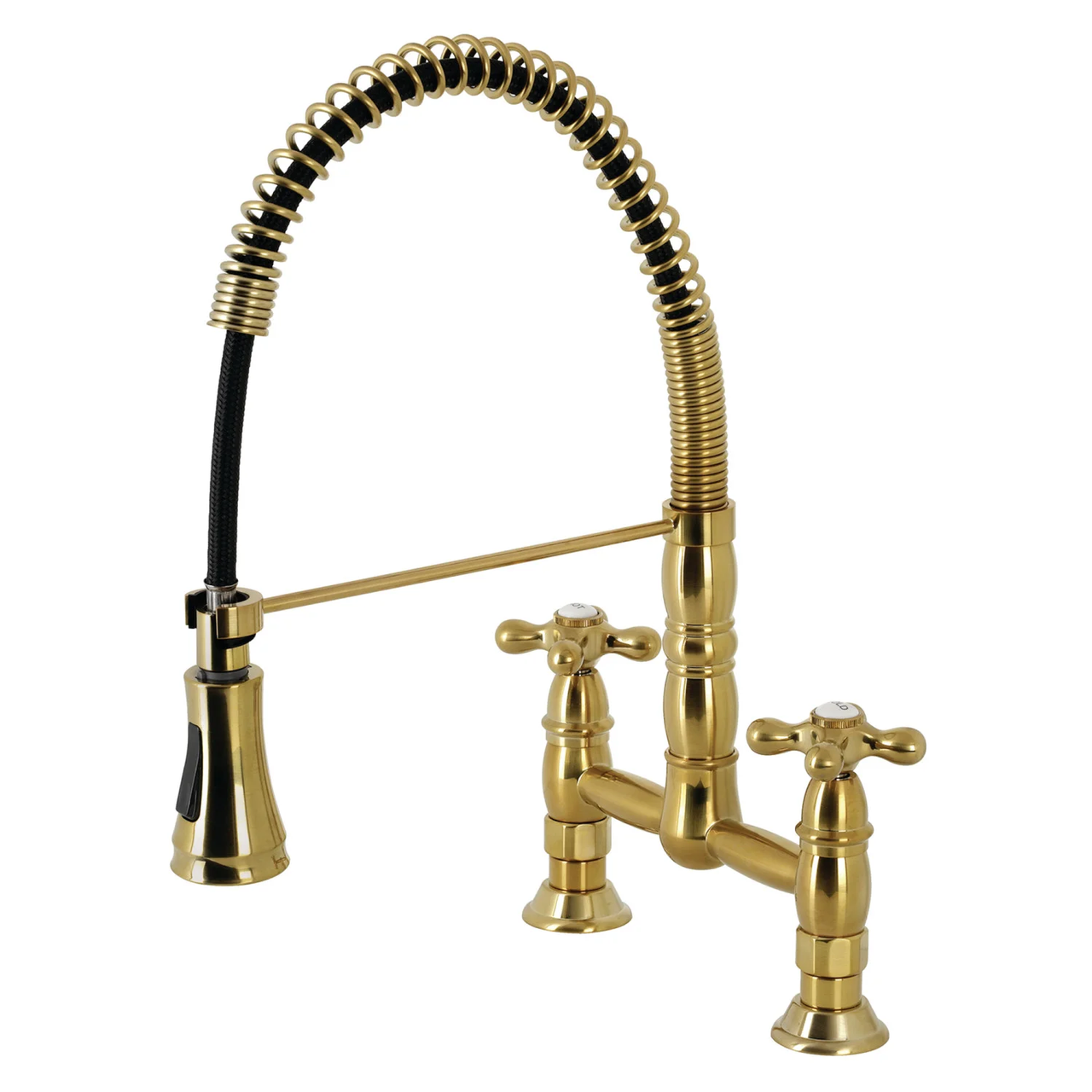 Gourmetier GS1277AX Heritage Two-Handle Deck-Mount Pull-Down Sprayer Kitchen Faucet, Brushed Brass - BNGBath
