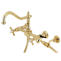 Thumbnail for Kingston Brass KS1242BEXBS Essex Wall Mount Bridge Kitchen Faucet with Brass Sprayer, Polished Brass - BNGBath