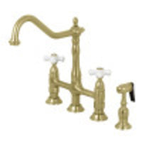 Thumbnail for Kingston Brass KS1277PXBS Heritage Bridge Kitchen Faucet with Brass Sprayer, Brushed Brass - BNGBath