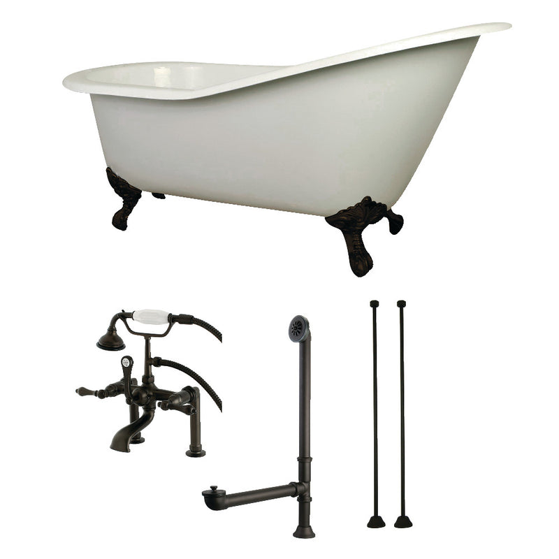 Aqua Eden KCT7D653129C5 62-Inch Cast Iron Single Slipper Clawfoot Tub Combo with Faucet and Supply Lines, White/Oil Rubbed Bronze - BNGBath